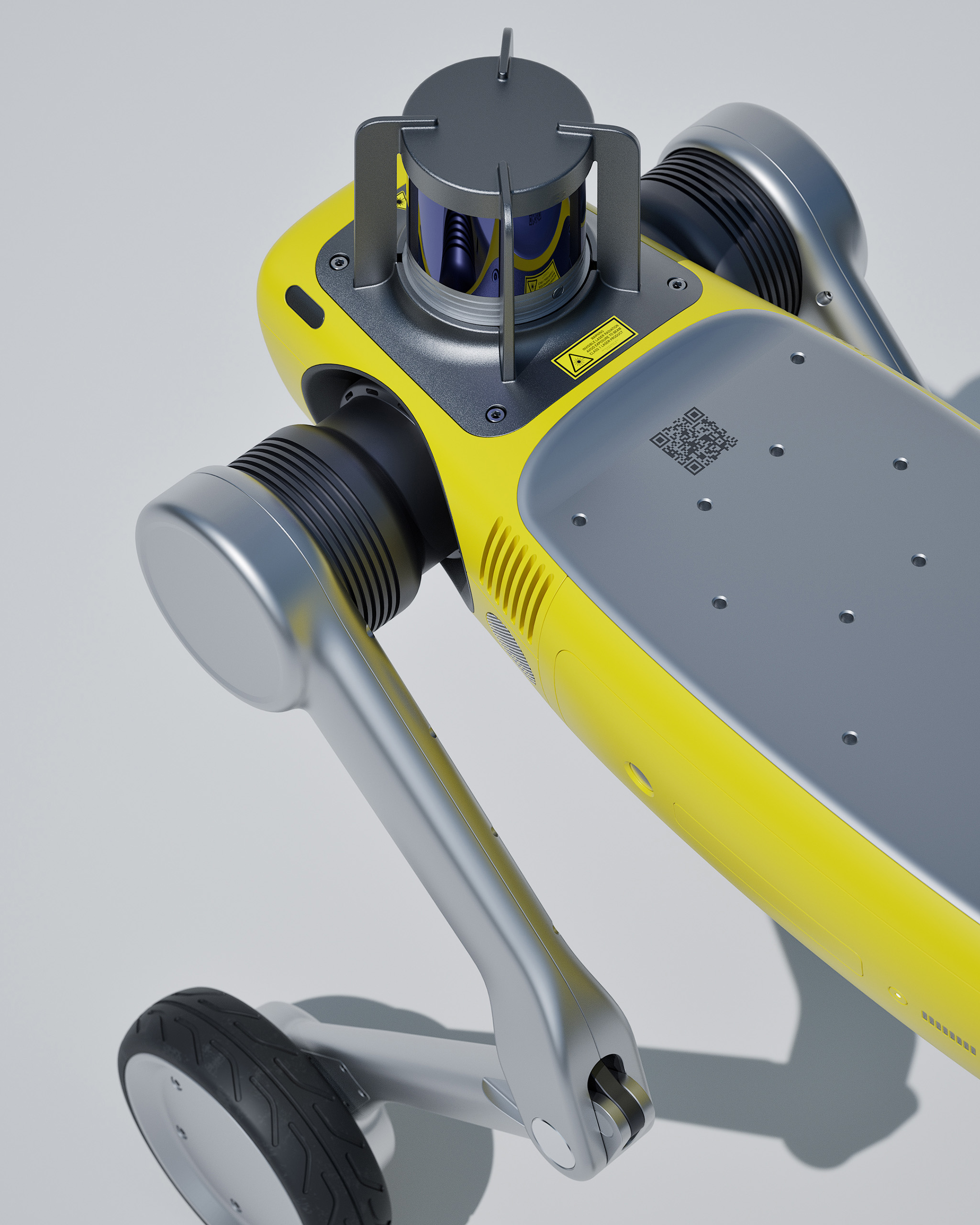 Closeup detail view of RIVR and Unitree robot concept in a warehouse, industrial design by Studio Scazziga, Zurich, 2025.