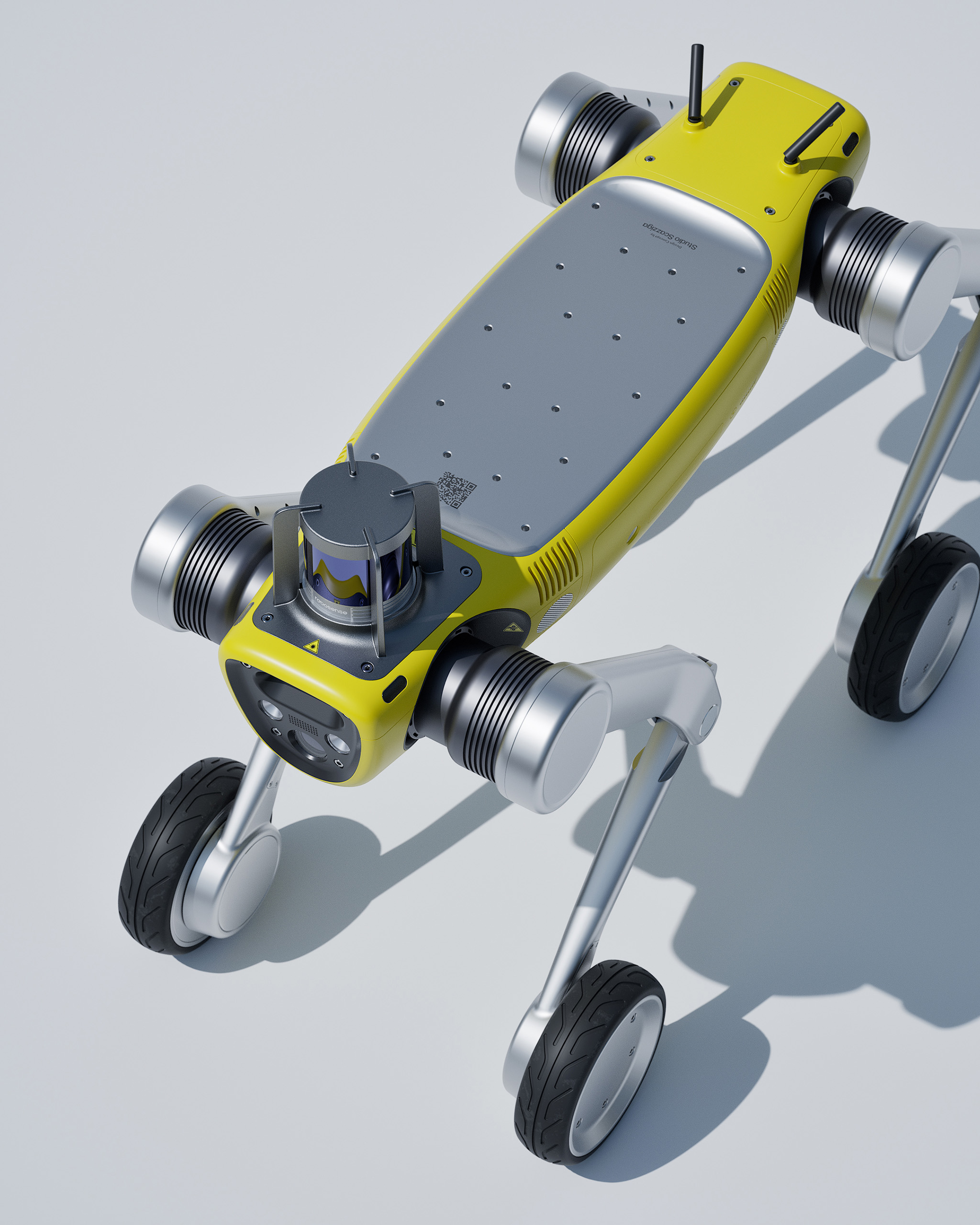 High perspective view of RIVR and Unitree robot concept in a studio setting, industrial design by Studio Scazziga, Zurich, 2025.